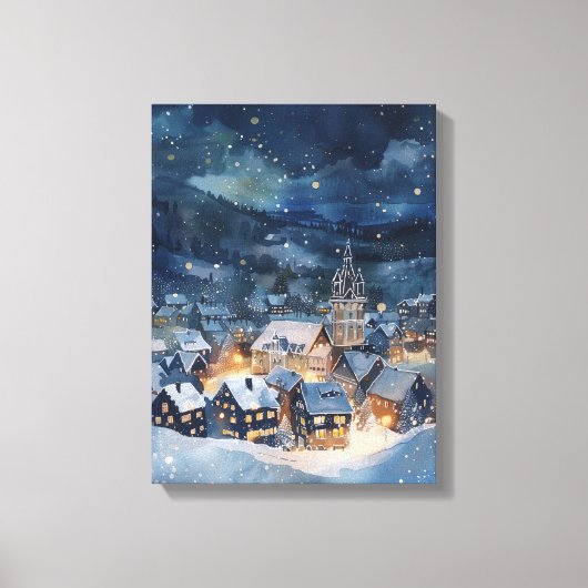 雪のクリスマスナイトスカイビレッジ キャンバスプリント (正面)