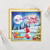 雪のクリスマスノームとサンタのそりギフト カード (正面/裏面インサイチュ)