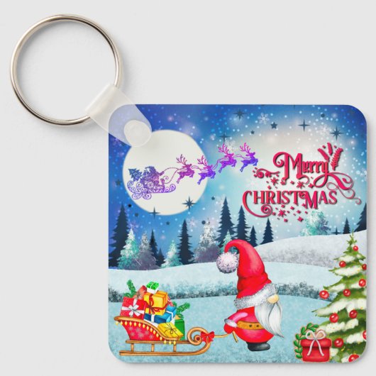 雪のクリスマスノームとサンタのそりギフト キーホルダー (正面)