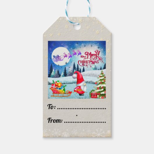 雪のクリスマスノームとサンタのそりギフト ギフトタグ (正面)