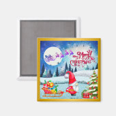 雪のクリスマスノームとサンタのそりギフト マグネット (正面/裏面)