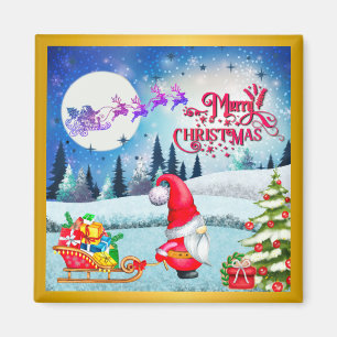雪のクリスマスノームとサンタのそりギフト マグネット