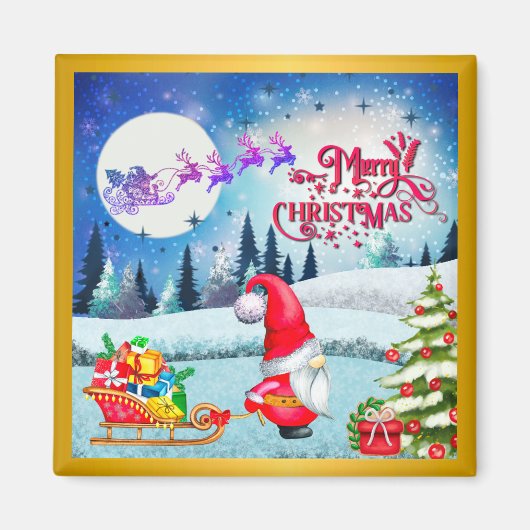 雪のクリスマスノームとサンタのそりギフト マグネット (正面)