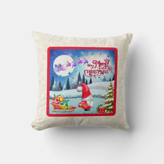 雪のクリスマスノームとサンタのそりギフト Thr クッション (正面)