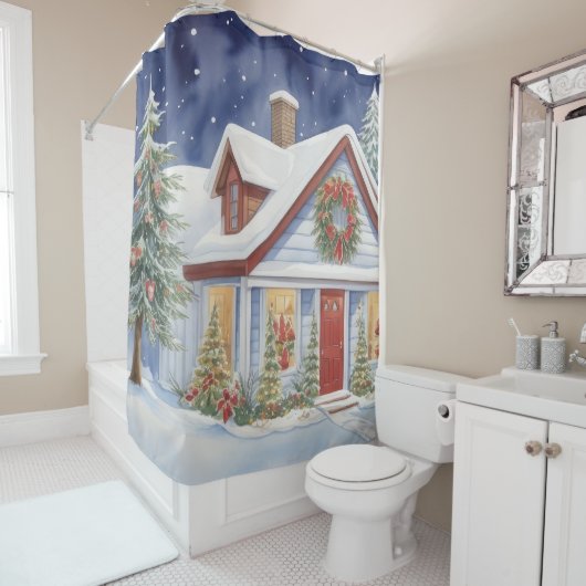 雪のクリスマスハウス冬絵画の水彩 シャワーカーテン (インサイチュ)