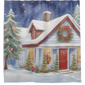 雪のクリスマスハウス冬絵画の水彩 シャワーカーテン (正面)