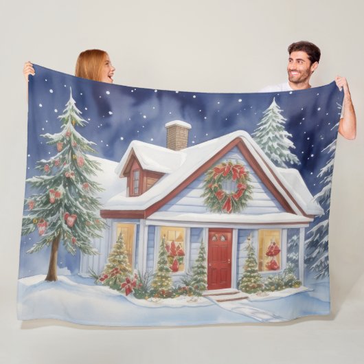 雪のクリスマスハウス冬絵画の水彩 フリースブランケット (インサイチュ)