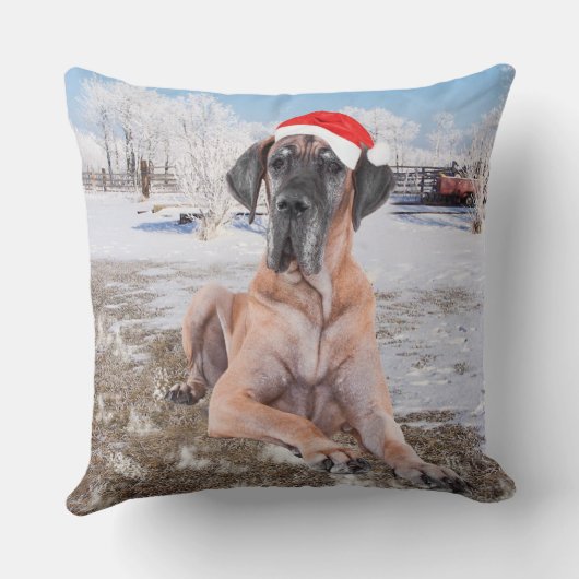 雪のクリスマスハットに座って可愛い大きなデーン犬 クッション (裏面)