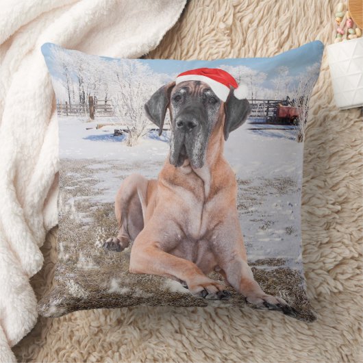 雪のクリスマスハットに座って可愛い大きなデーン犬 クッション (ブランケット)