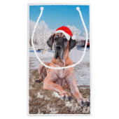 雪のクリスマスハットに座って可愛い大きなデーン犬 スモールペーパーバッグ (裏面)