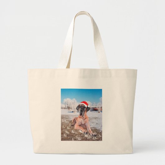 雪のクリスマスハットに座って可愛い大きなデーン犬 ラージトートバッグ (正面)
