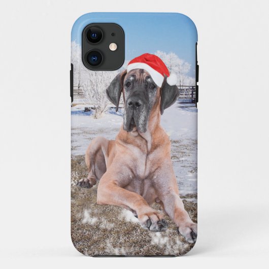 雪のクリスマスハットに座って可愛い大きなデーン犬 Case-Mate iPhoneケース (裏面)
