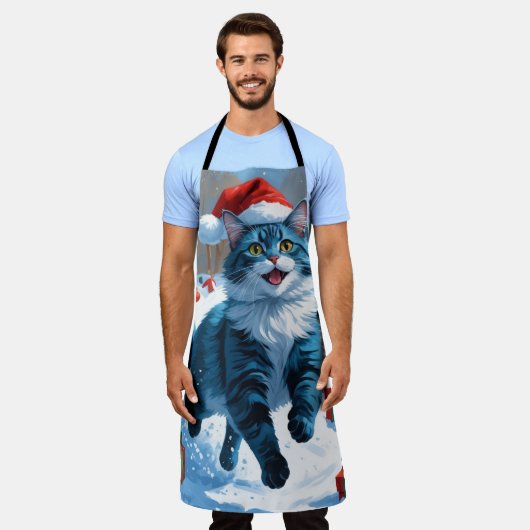 雪のクリスマスハットに座るオリエンタルブルー エプロン (着用した状態)