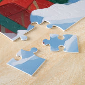 雪のクリスマスハットに座るオリエンタルブルー ジグソーパズル (側面)