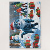 雪のクリスマスハットに座るオリエンタルブルー ジグソーパズル (縦)