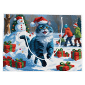 雪のクリスマスハットに座るオリエンタルブルー ラージペーパーバッグ (裏面)