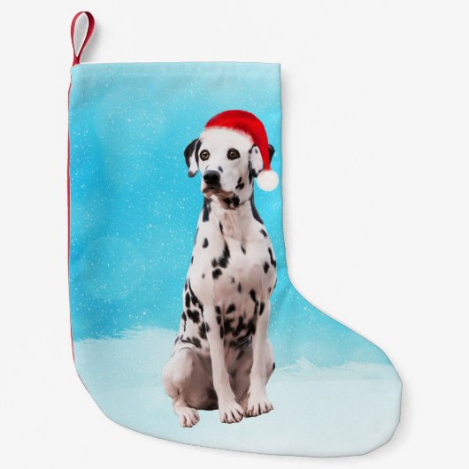 雪のクリスマスハットのダルメーションドッグ スモールクリスマスストッキング (正面)