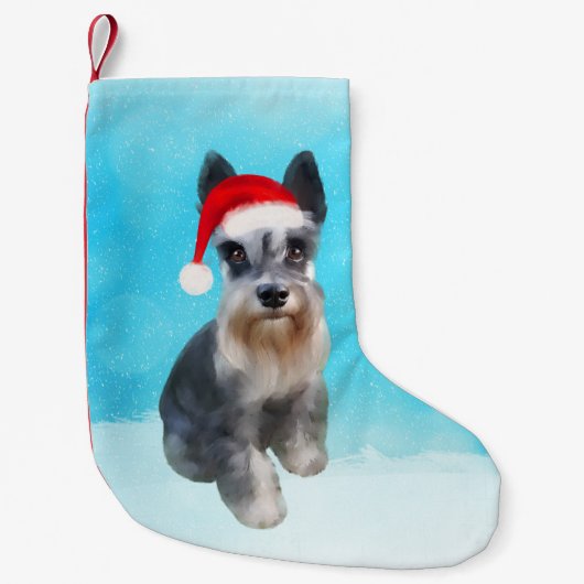 雪のクリスマスハットのミニチュアシュナウツァードッグ スモールクリスマスストッキング (正面)