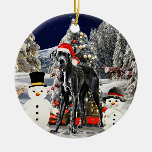 雪のクリスマスハットライトの偉大なダン犬 セラミックオーナメント (正面)