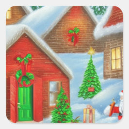 雪のクリスマスビレッジのおもしろいサンタ訪問 スクエアシール