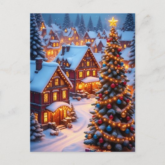 ❄️雪のクリスマスビレッジの輝き 🎄 冬の木 ポストカード (正面)