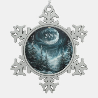 雪のクリスマスフォレストとビッグムーンオーナメントColl スノーフレークピューターオーナメント