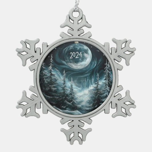 雪のクリスマスフォレストとビッグムーンオーナメントColl スノーフレークピューターオーナメント (正面)