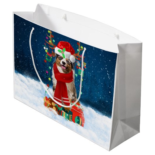 雪のクリスマスプレゼントにオーストラリアの羊飼い犬 ラージペーパーバッグ (裏面アングル)