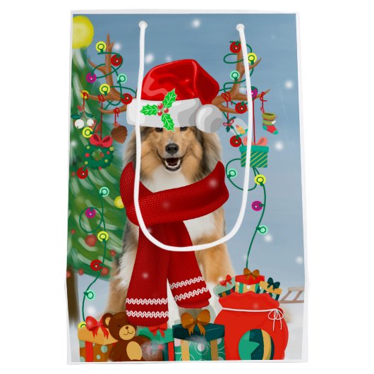 雪のクリスマスプレゼントにラフなコリー犬 ミディアムペーパーバッグ (裏面)