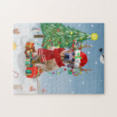 雪のクリスマスプレゼントにローデシアンのリッジバックドッグ ジグソーパズル (横)