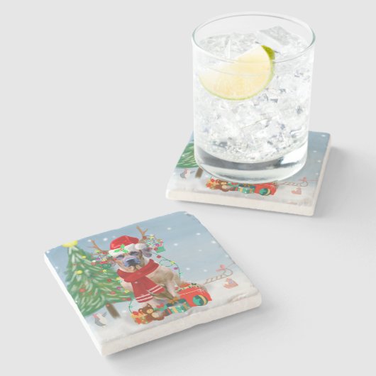 雪のクリスマスプレゼントにローデシアンのリッジバックドッグ ストーンコースター (横)