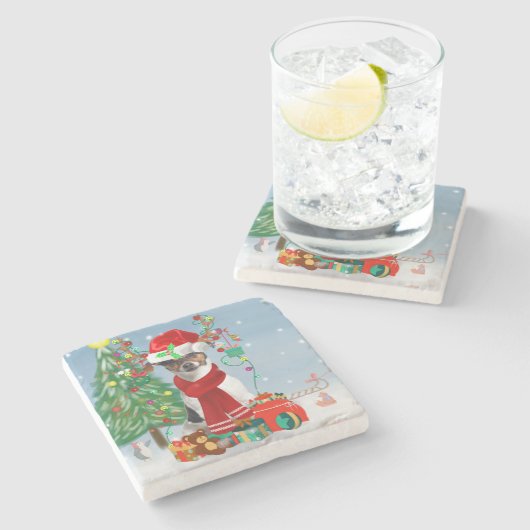 雪のクリスマスプレゼントに登場するジャック・ラッセル・テリア犬 ストーンコースター (横)