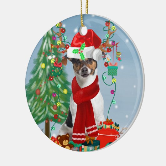 雪のクリスマスプレゼントに登場するジャック・ラッセル・テリア犬 セラミックオーナメント (左)
