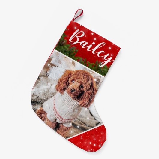 雪のクリスマスペパーソナライズされたット写真ストッキング スモールクリスマスストッキング (正面 (吊り時))