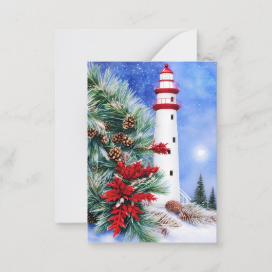 雪のクリスマスライトハウスバジェットミニ ノートカード (正面)
