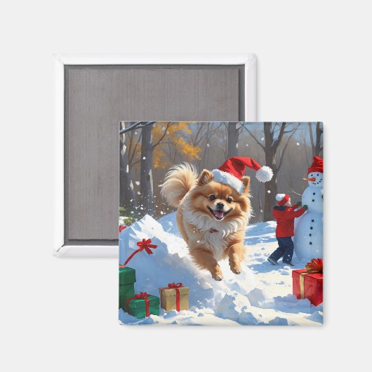 雪のクリスマス帽子をかぶったポメラニアンが走る マグネット (正面/裏面)