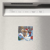 雪のクリスマス帽子をかぶったポメラニアンが走る マグネット (インサイチュ (食洗機))
