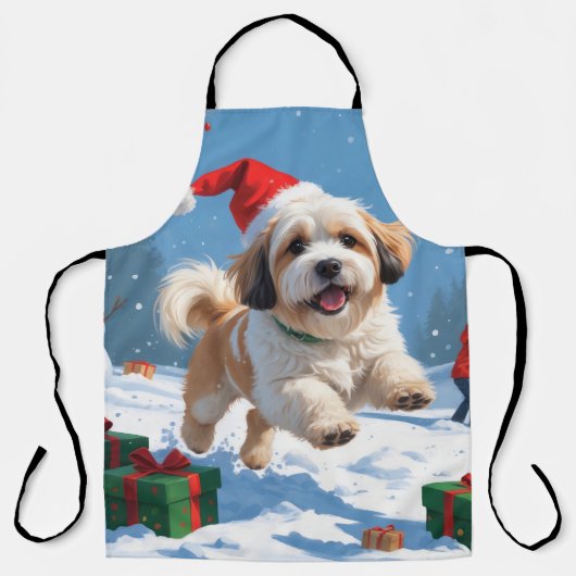雪のクリスマス帽子をかぶったラサ・アプソ エプロン (正面)