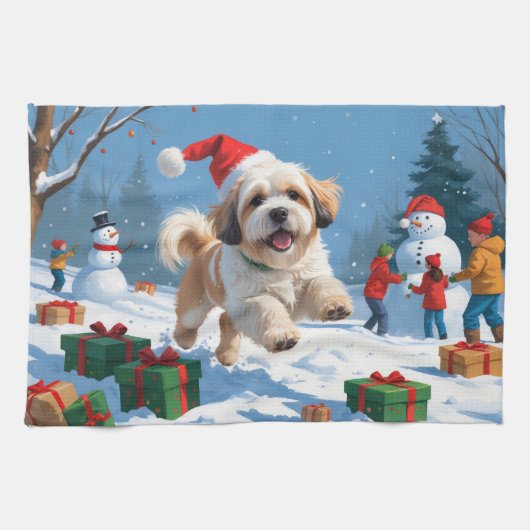 雪のクリスマス帽子をかぶったラサ・アプソ キッチンタオル (横)