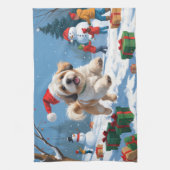 雪のクリスマス帽子をかぶったラサ・アプソ キッチンタオル (縦)