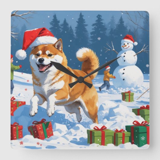 雪のクリスマス帽子をかぶった柴犬が走る スクエア壁時計 (正面)