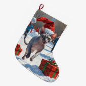 雪のクリスマス帽子を被ったスフィンクス猫が走る ラージクリスマスストッキング (正面 (吊り時))