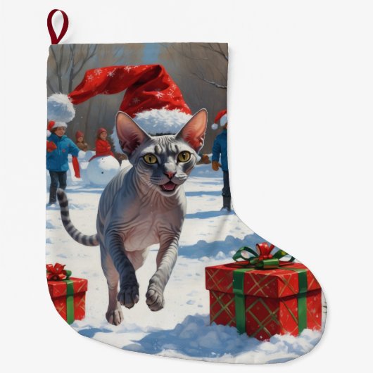 雪のクリスマス帽子を被ったスフィンクス猫が走る ラージクリスマスストッキング (正面)