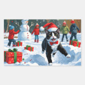 雪のクリスマス帽子を被ったテックスードキャットが走る 長方形シール (正面)