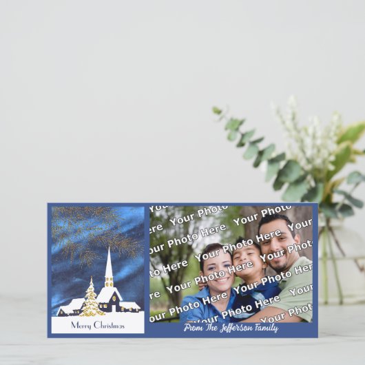 雪のクリスマス教会の写真カード シーズンカード (スタンド正面)