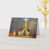 雪のクリスマス教会 カード (黄色い花)