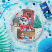 雪のクリスマス犬の家にシベリアのハスキー犬 ペーパープレート (パーティー)