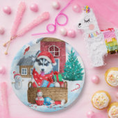 雪のクリスマス犬の家にシベリアのハスキー犬 ペーパープレート (パーティー)