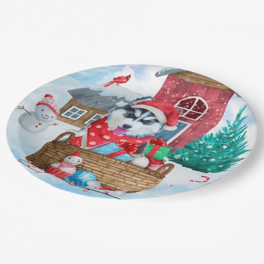 雪のクリスマス犬の家にシベリアのハスキー犬 ペーパープレート (アングル)