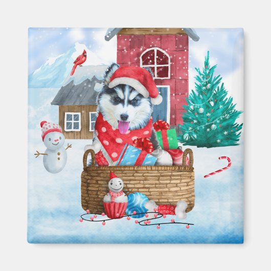 雪のクリスマス犬の家にシベリアのハスキー犬 マグネット (正面)